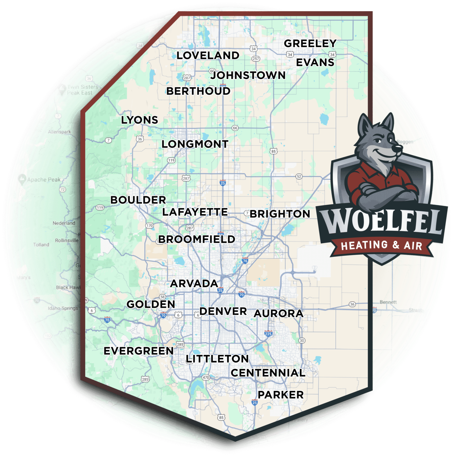 Woelfel Heating & Air service area map across Northern Colorado
